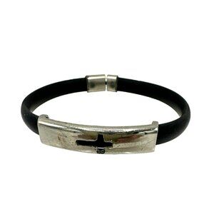 Faux Leather Bracelet Cross Christian Black Silver Tone Religious Fashion
